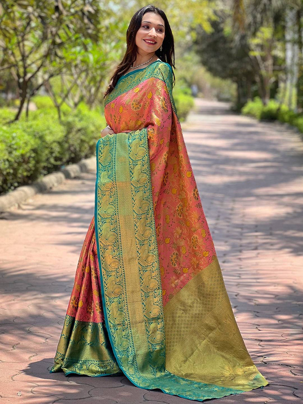 Festive wear pink Banarasi silk saree side view