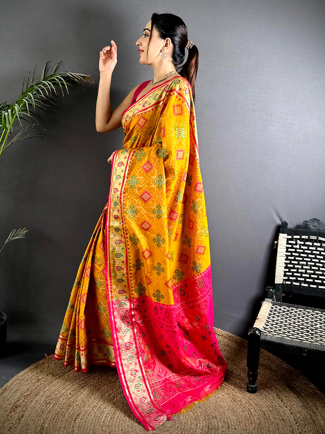 Yellow Soft Silk Saree With Patola Weaving