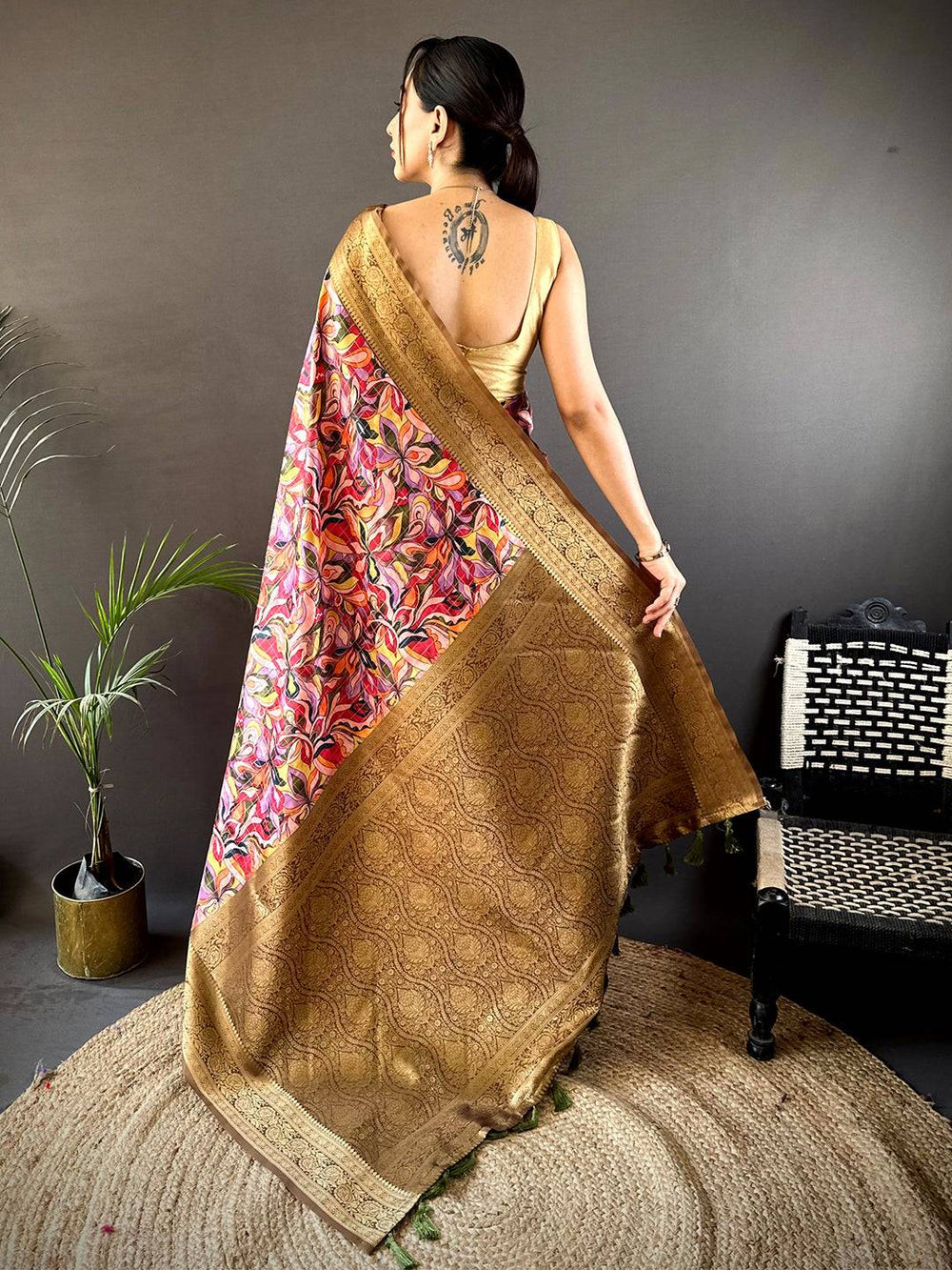 Brown Soft Gadwal Pattu Geometric Saree