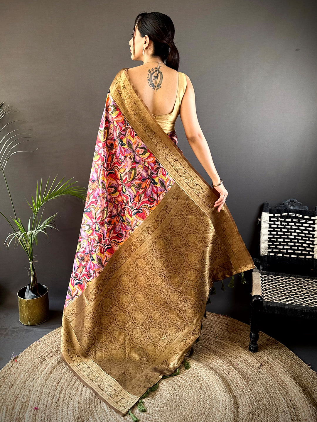 Brown Soft Gadwal Pattu Geometric Saree