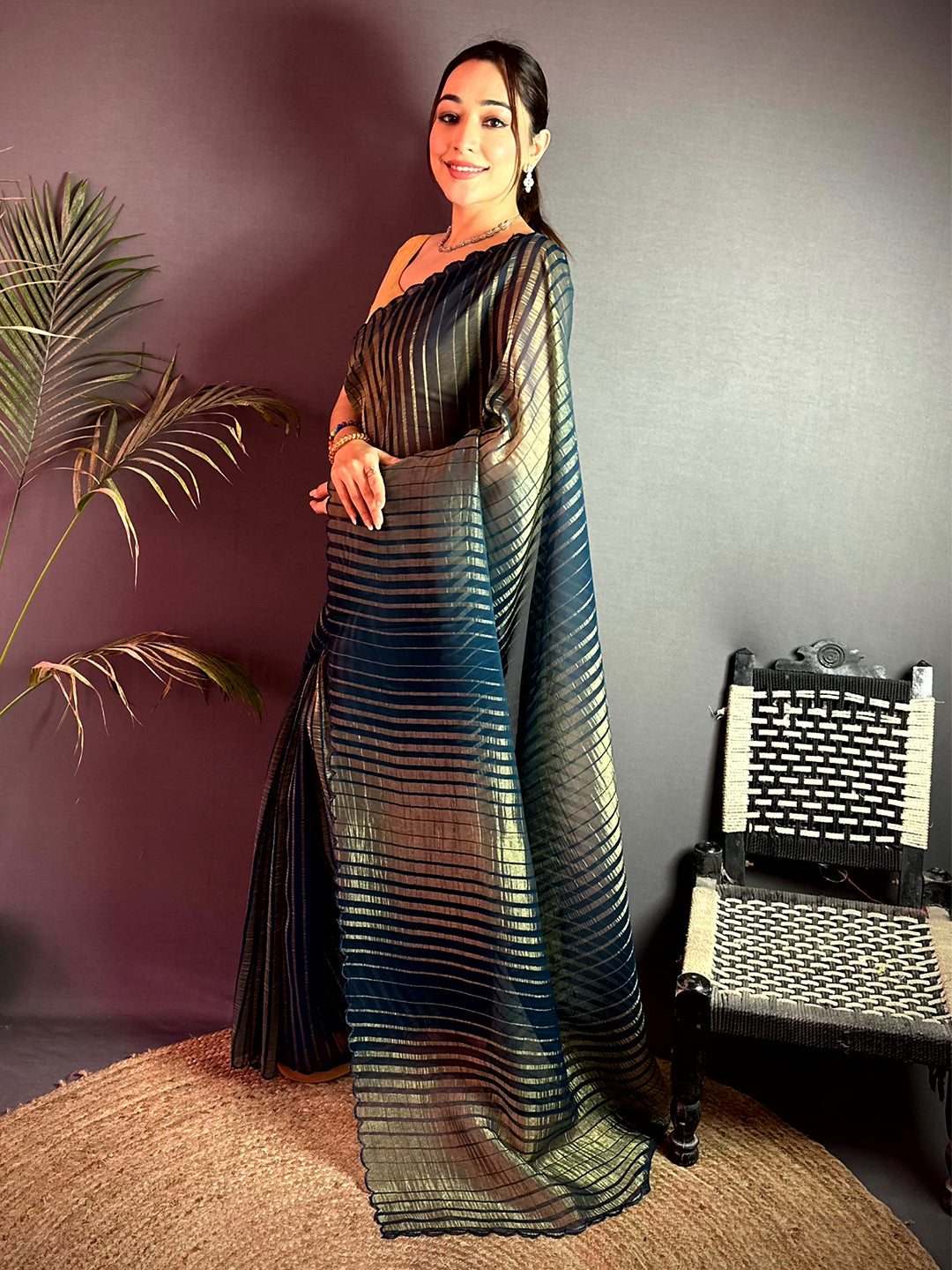 Opulent Gold Zari Striped Chiffon Saree