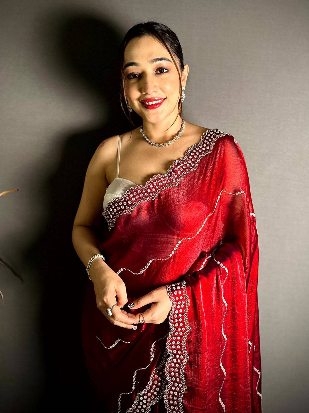 Red Pearl Stone Chiffon Satin Saree