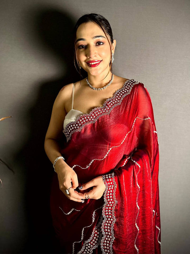 Red Pearl Stone Chiffon Satin Saree