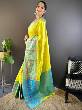 Lime Yellow Katan Silk Ikkat Saree