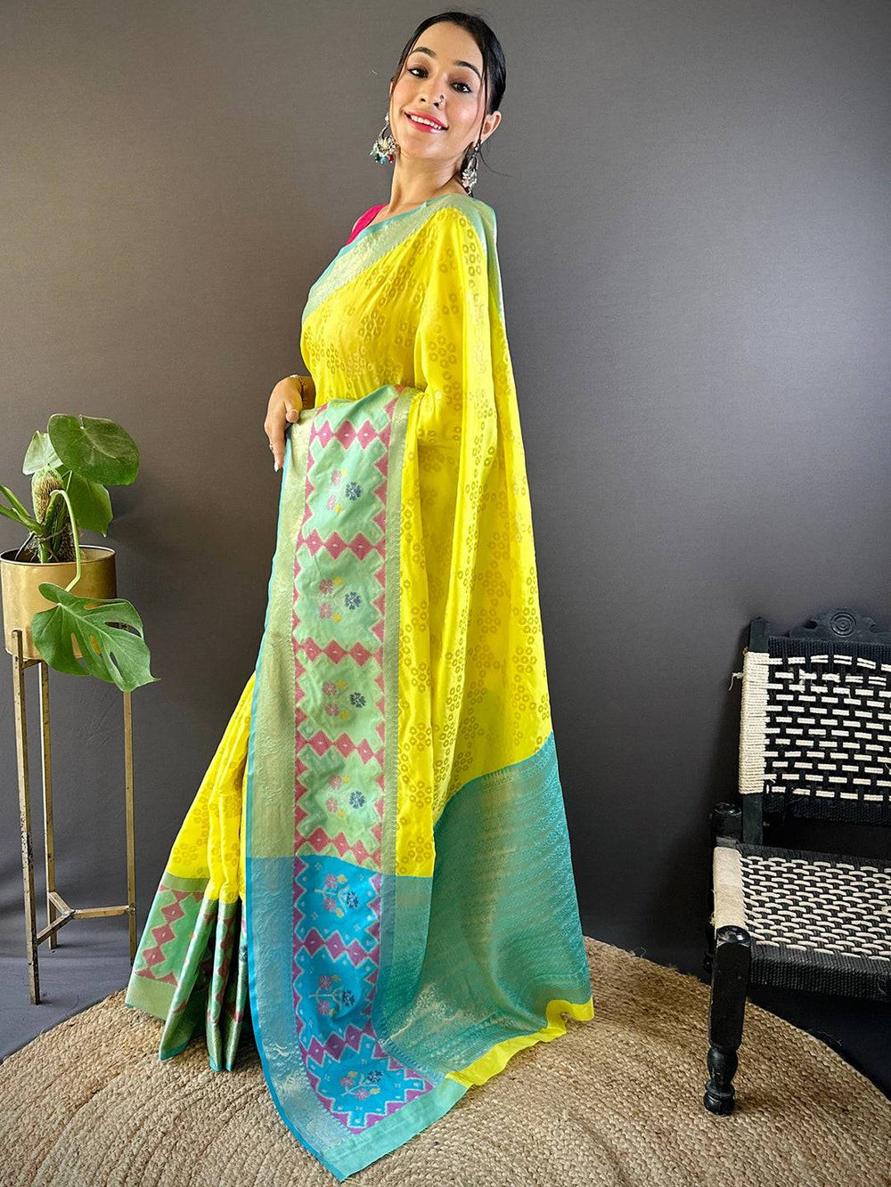 Lime Yellow Katan Silk Ikkat Saree