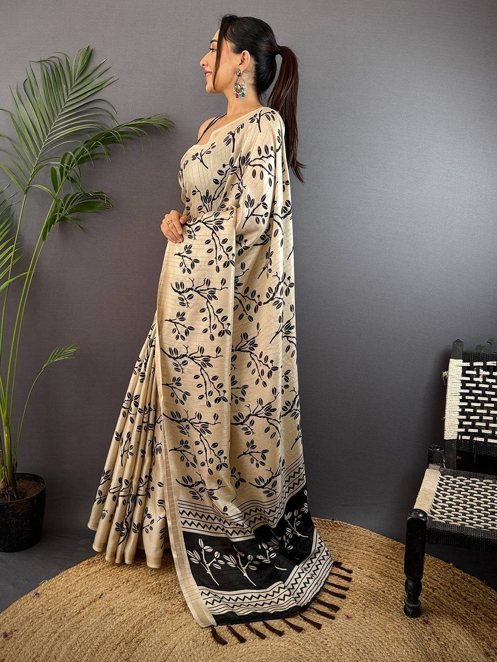 Cream Ghicha Leaf Print Saree