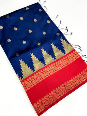 Navy Blue Rudraksha Temple Weave Katan Silk Saree