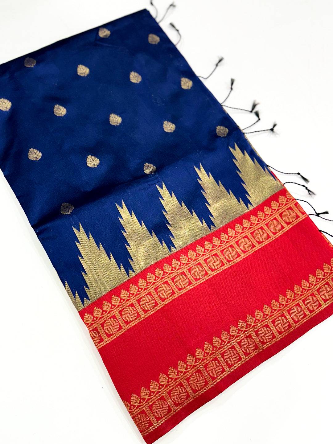 Navy Blue Rudraksha Temple Weave Katan Silk Saree