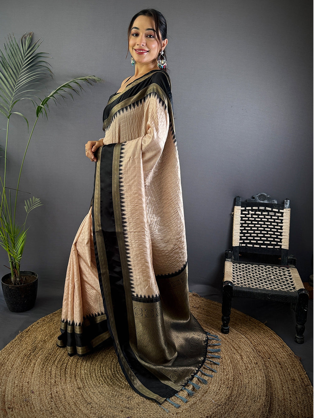 Beige Zari Checked Satin Rettapet Saree