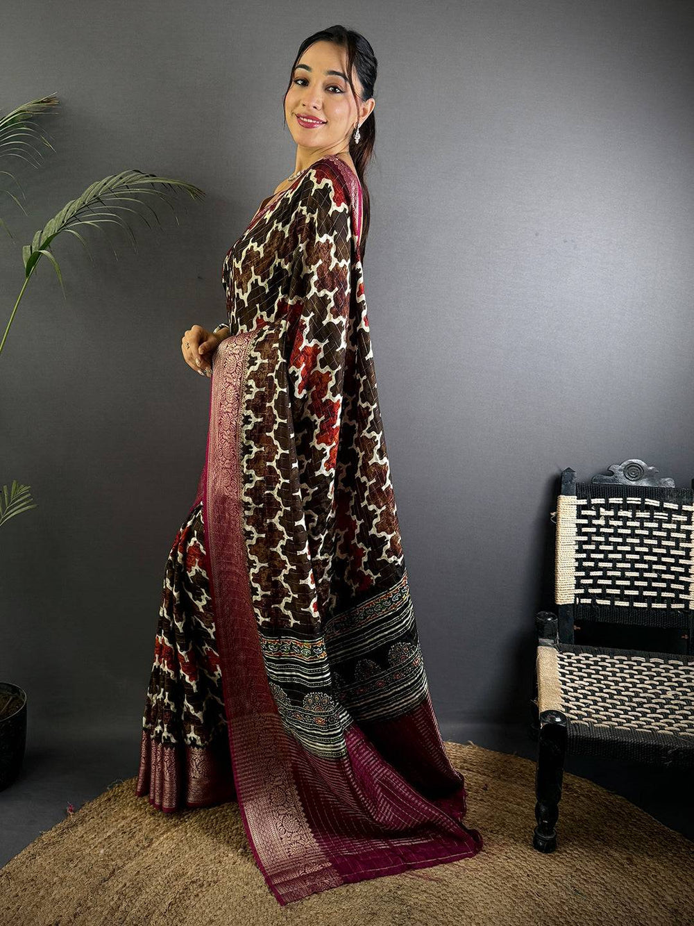 Chocolate Brown Ajrak Print Viscose Saree