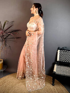 Peach Pearl Sequin Embroidered Organza Saree