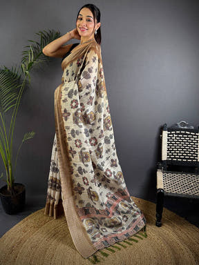 Ivory Linen Digital Printed Saree