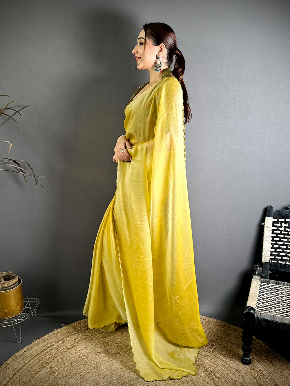 Stylish Mustard Silk Embroidery Cutwork Saree