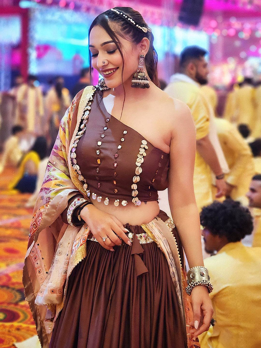 Deep Brown Mirror Work Lehenga