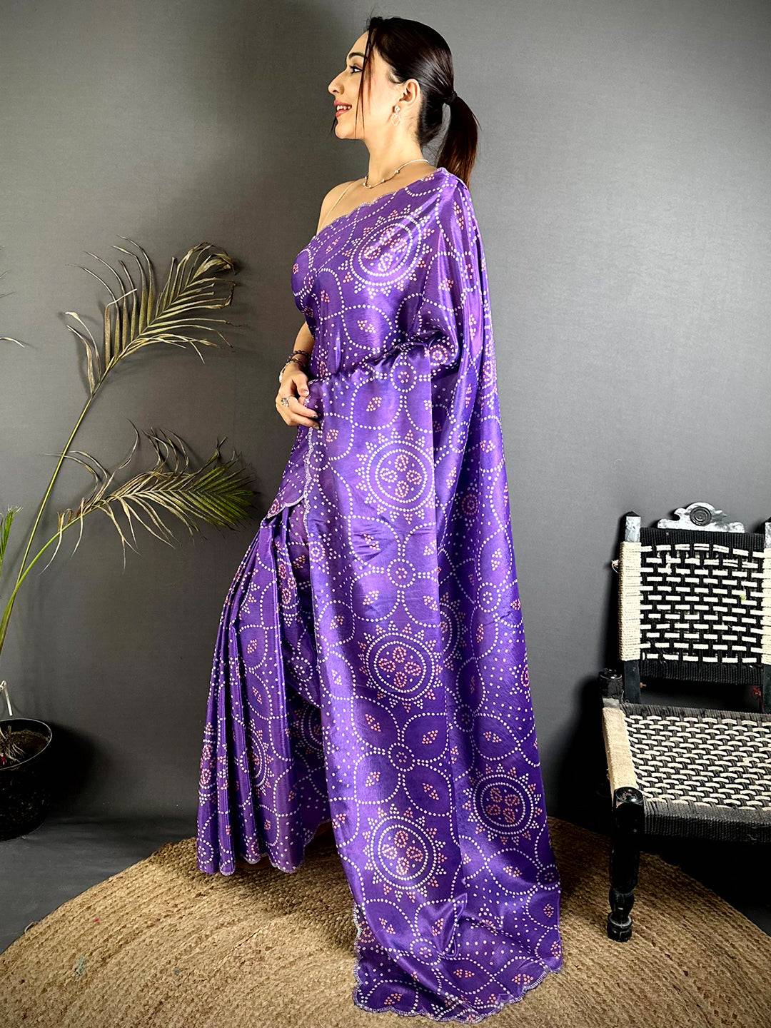 Purple Bandhej Chiffon Stone Work Saree
