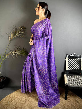 Purple Bandhej Chiffon Stone Work Saree