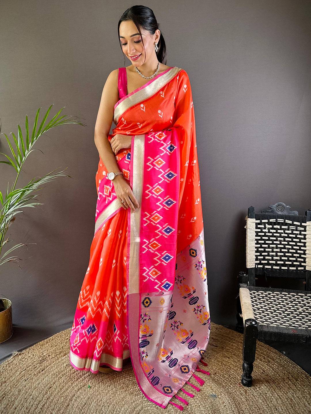 Elegant Orange Ikkat Paithani Soft Silk Saree draped gracefully
