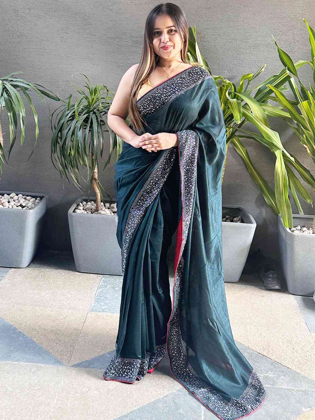 Dark Green colour Vichitra Silk Saree With Embellish Swarovski Stone work