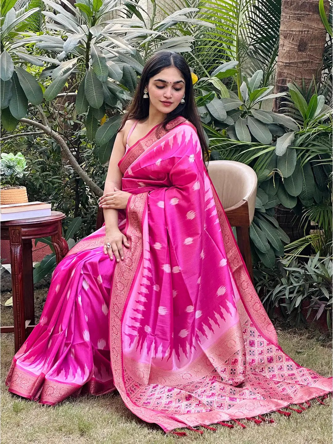 Soft silk pink Banarasi saree with exquisite zari patola pallu
