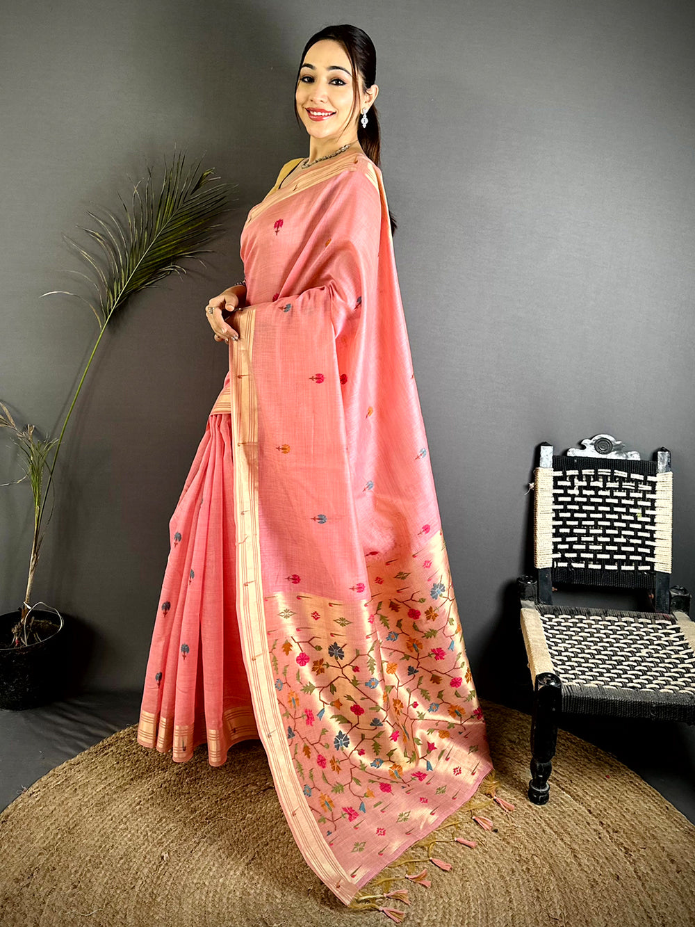 Pink Geometric Patola Khadi Linen Saree