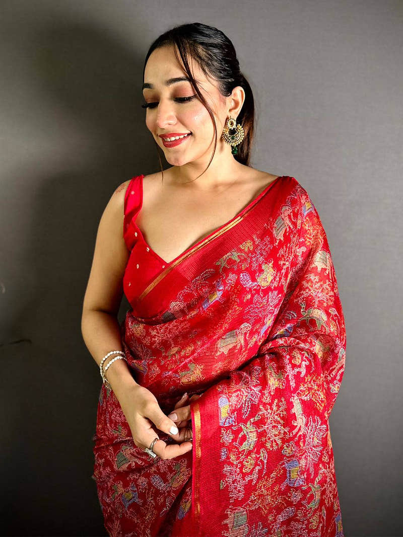 Red Kota Doriya Kalamkari Print Saree