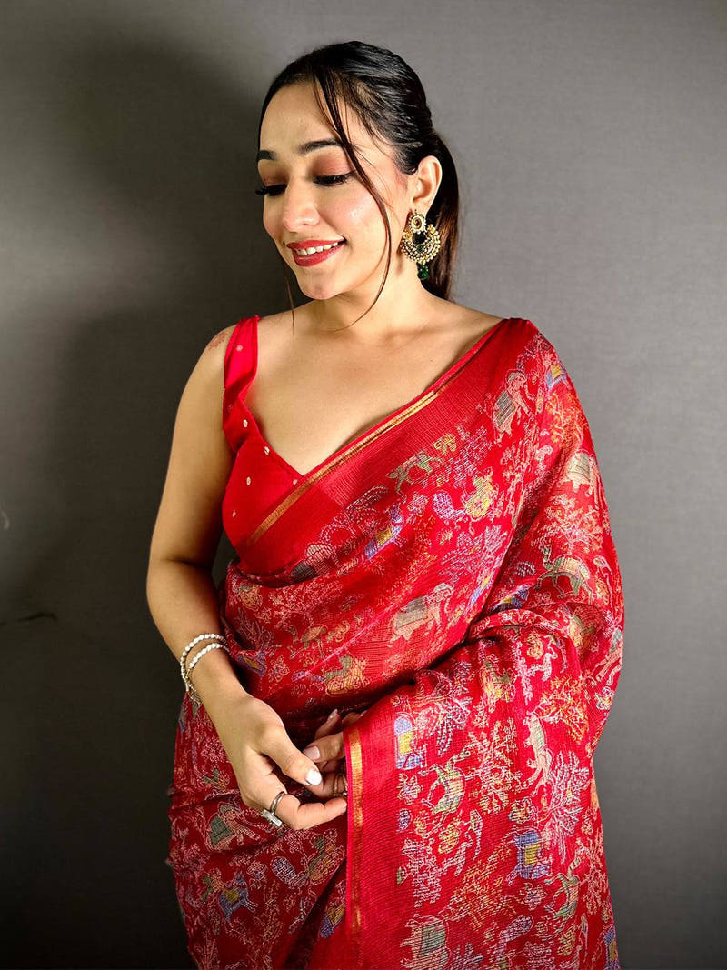 Red Kota Doriya Kalamkari Print Saree