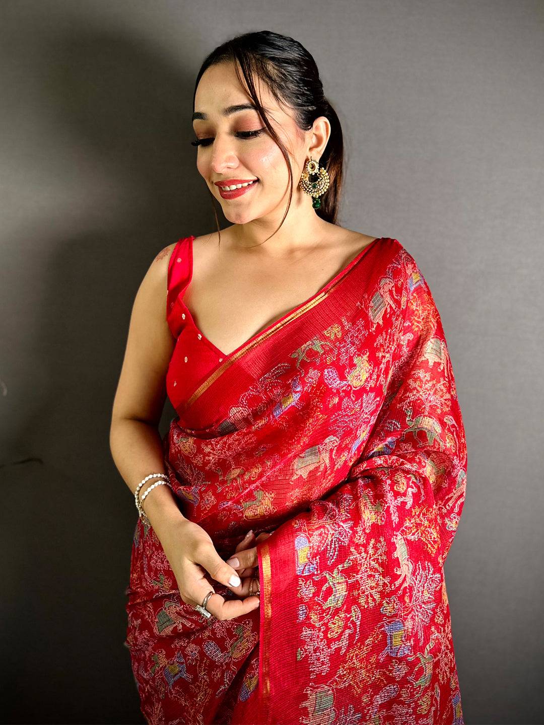 Red Kota Doriya Kalamkari Print Saree