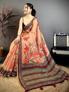 Radiance Linen Floral Kalamkari Saree