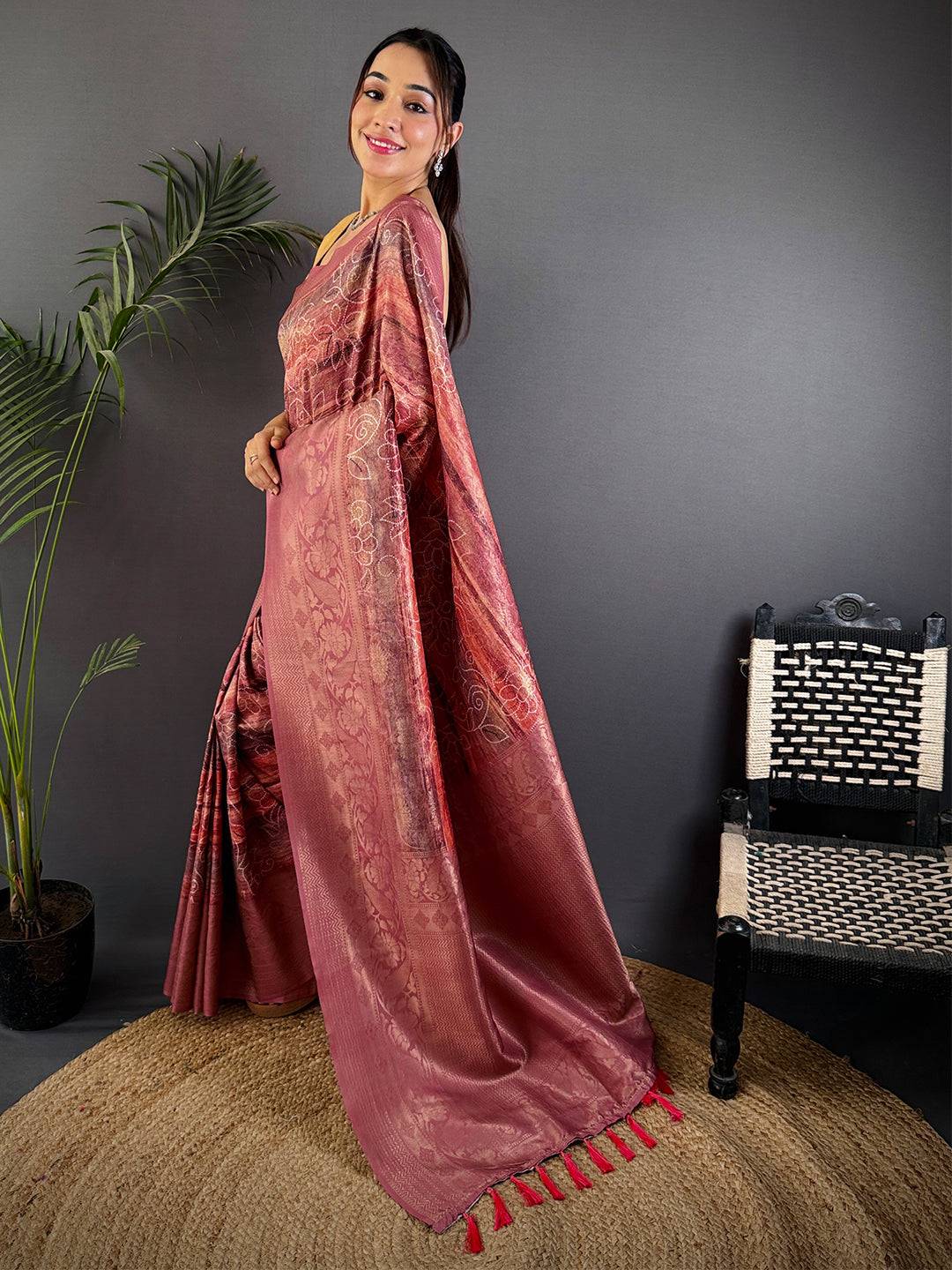 Rust Red Kanjivaram Silk Digital Print Saree