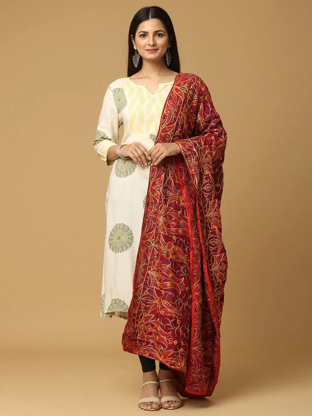 Front view of Wine Poly Chiffon Pashmina Dupatta