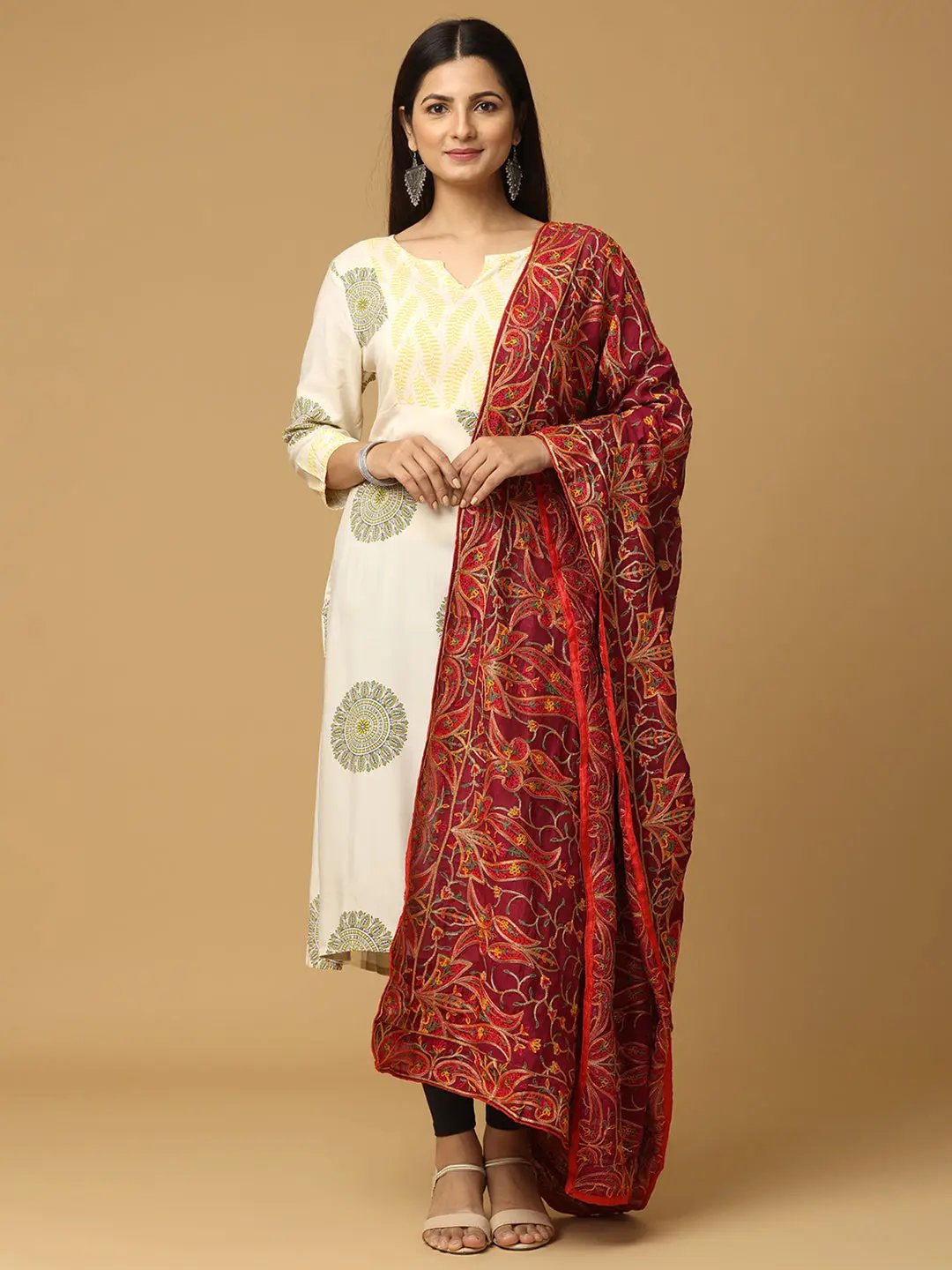 Front view of Wine Poly Chiffon Pashmina Dupatta