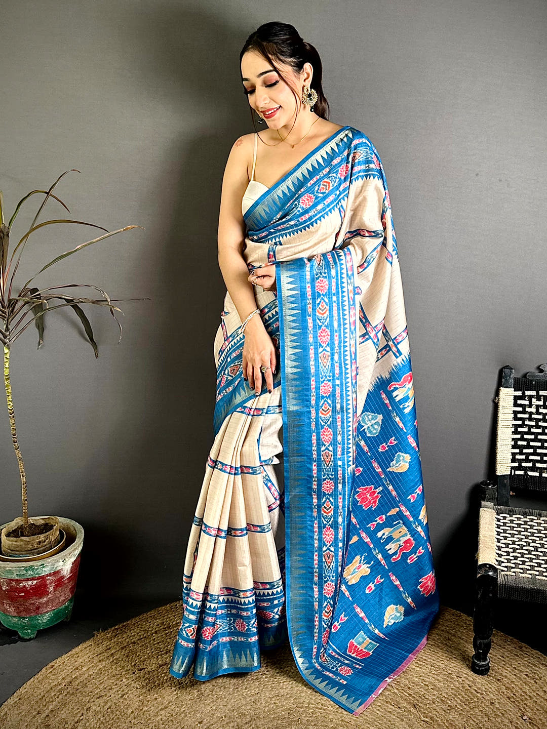 Sky Blue Meenakari Ikkat Print Tussar Saree