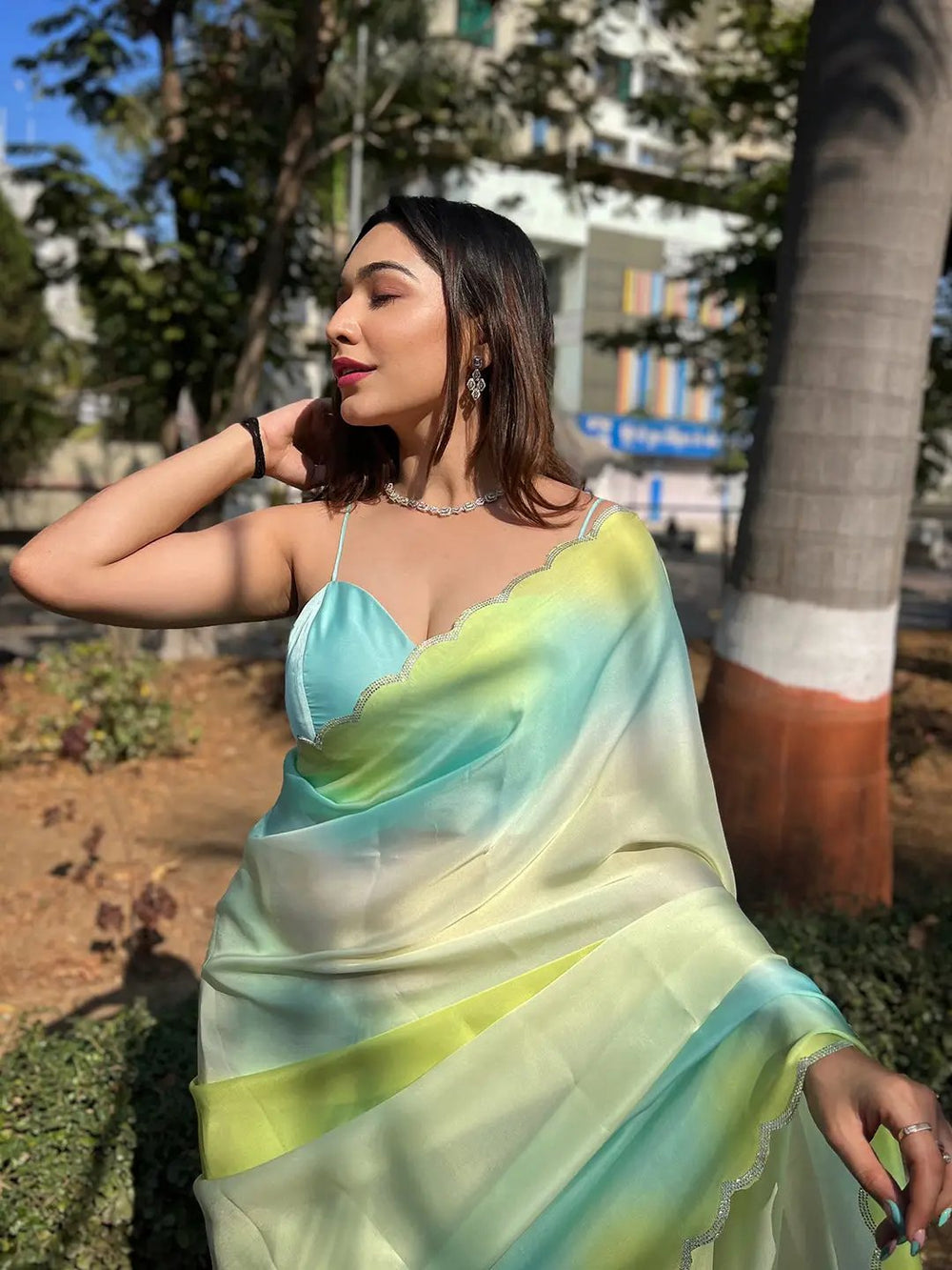 Stylish Blue Colour Omber Print Saree with Stone Work