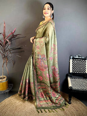 Olive Vintage Pen Kalamkari Chanderi Saree