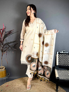 Stylish Beige Floral Cotton Dress