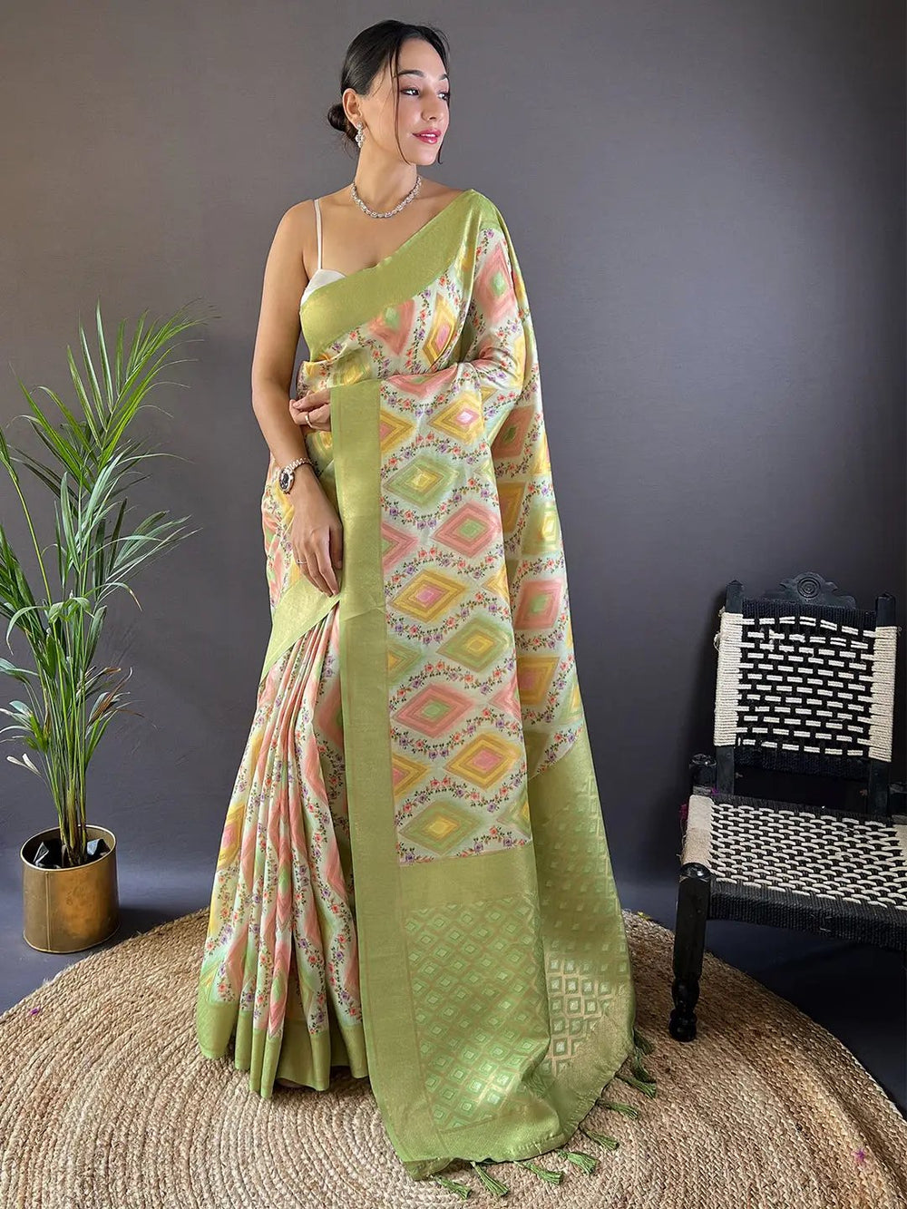 Model showcasing Jade Green Flower Vely Print Banarasi Saree.