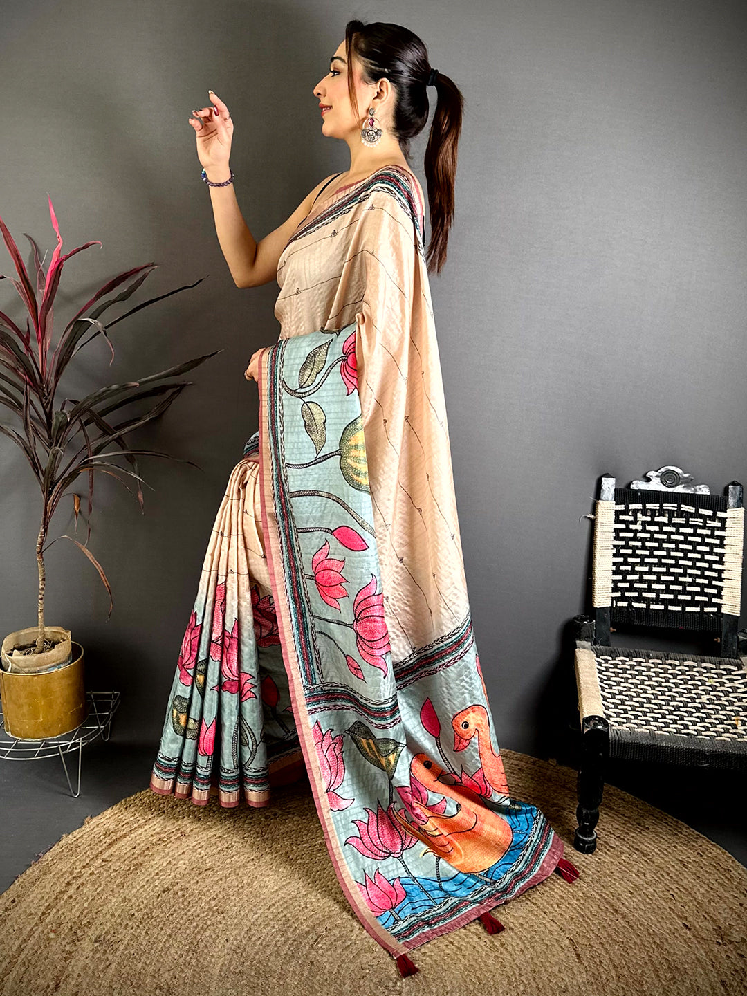 Royal Madhubani Katha Effect Tussar Saree