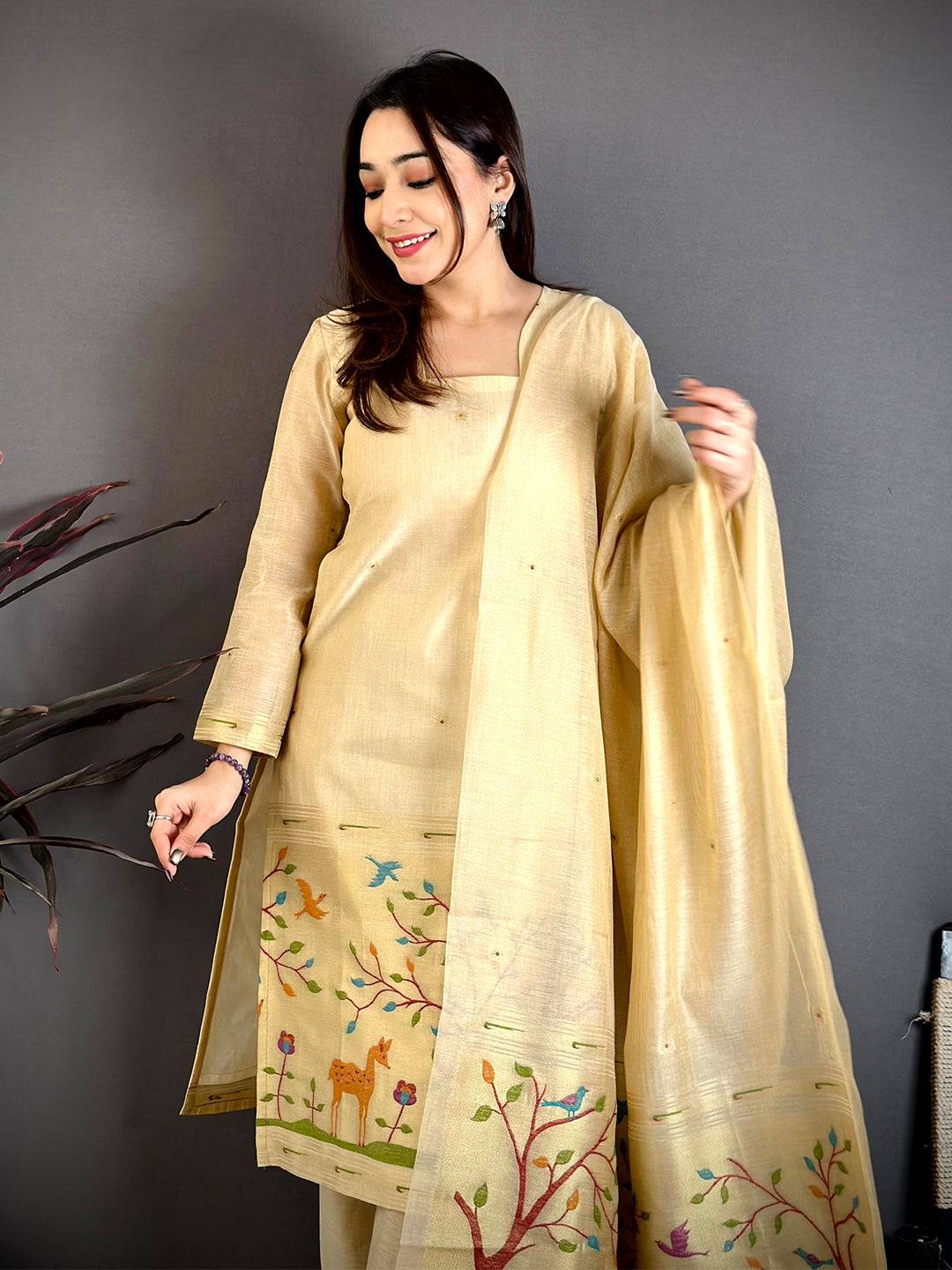Classic Beige Floral Weave Dress