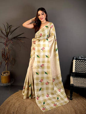 Radiant Parrot Print Soft Tussar Saree
