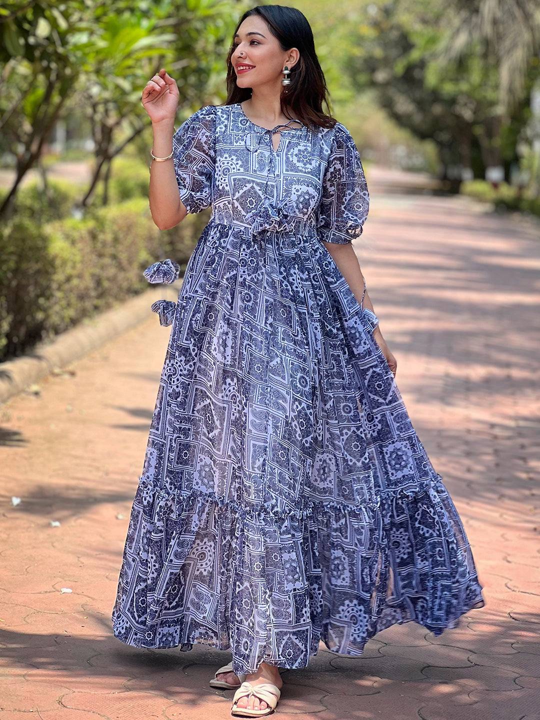 Elegant block print dress with flowing design