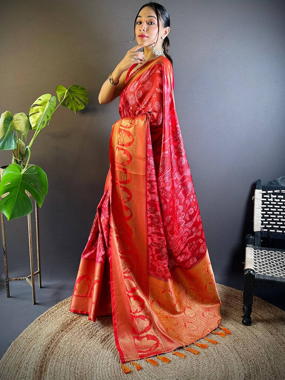 Red Charry Satin Floral Saree