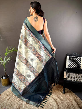 Off White Digital Kalamkari Printed Tussar Silk Saree