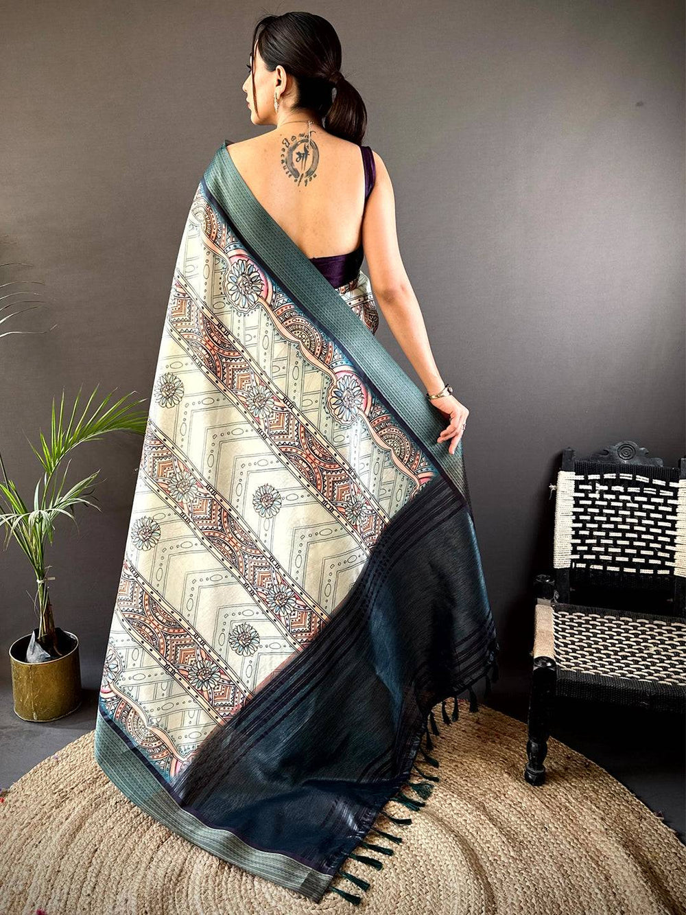 Off White Digital Kalamkari Printed Tussar Silk Saree