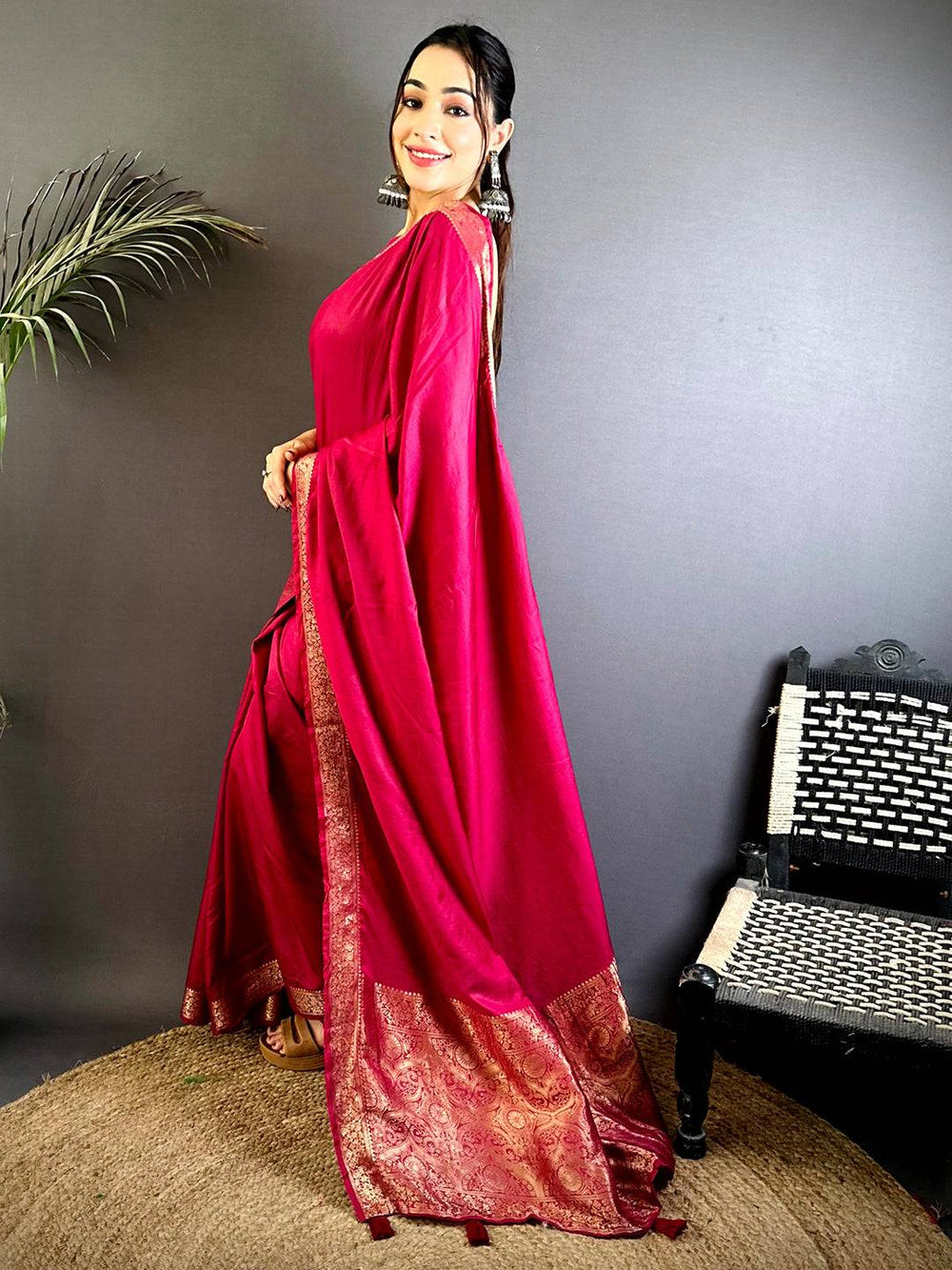 Cherry Red Hand Dyed Pure Viscose Saree