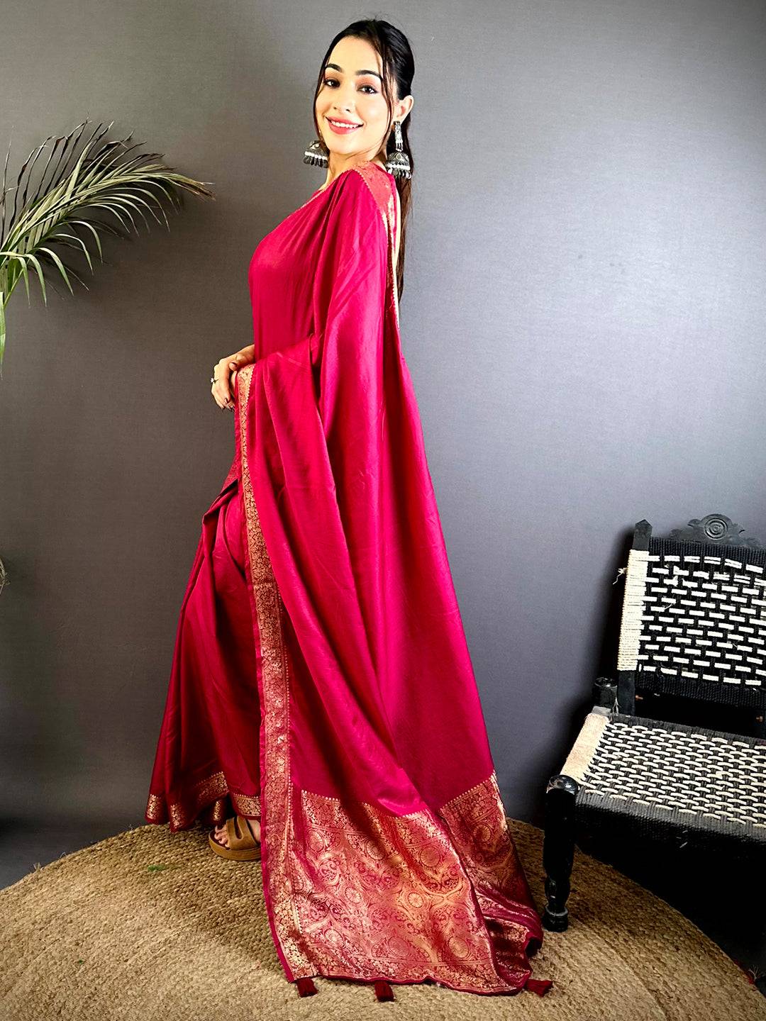 Cherry Red Hand Dyed Pure Viscose Saree