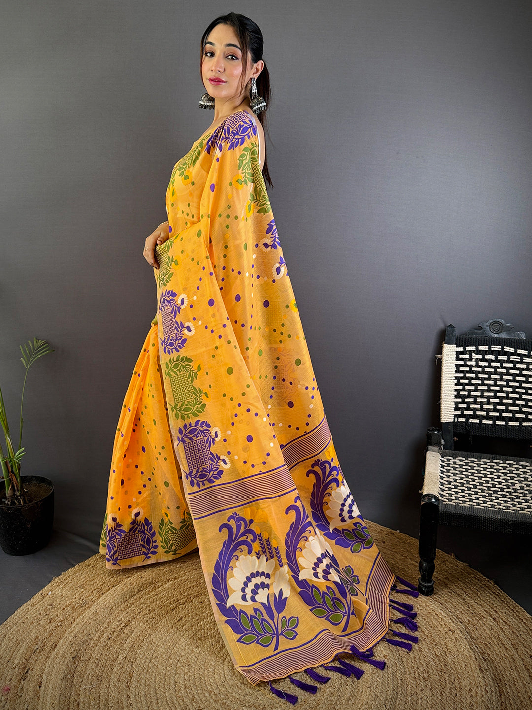 Yellow Dhakai Jamdani Cotton Silk Saree