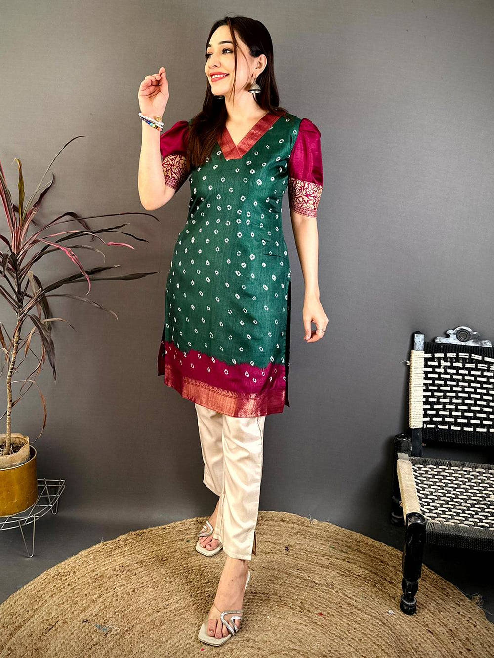 Green Soft Dola Silk V Neck Kurti