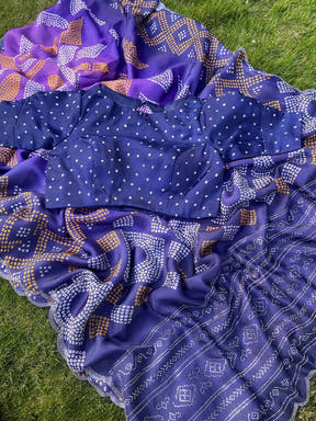 Georgette Silk Saree with Ombre Bandhej Print & Stone Work