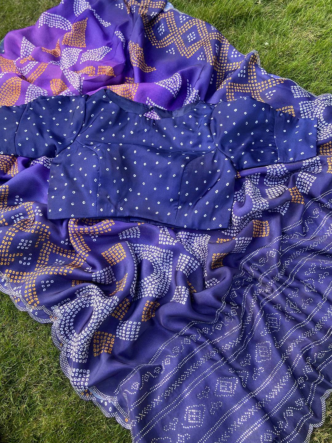 Georgette Silk Saree with Ombre Bandhej Print & Stone Work