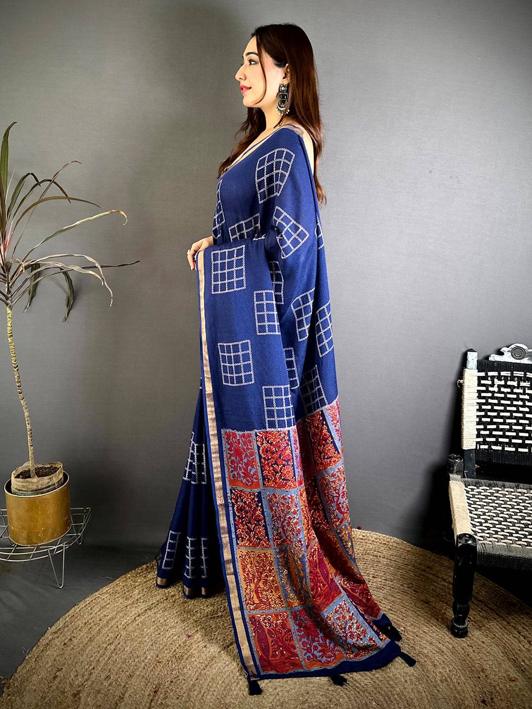 Navy Mul Cotton Kalamkari Print Pallu Saree
